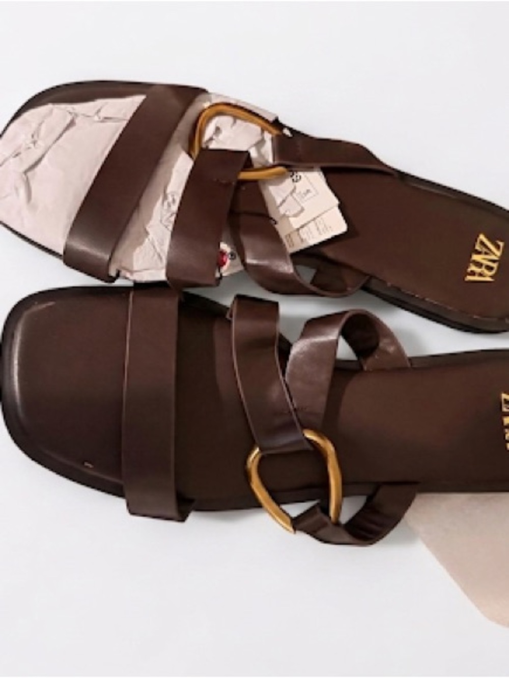 Zara Dark Brown Multi-Strap Slide Sandals with Gold Buckle